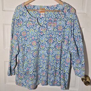 Ruby Rd Top Women 3X Blue Green Pink Floral Beads 3/4 Sleeve Notched Collar